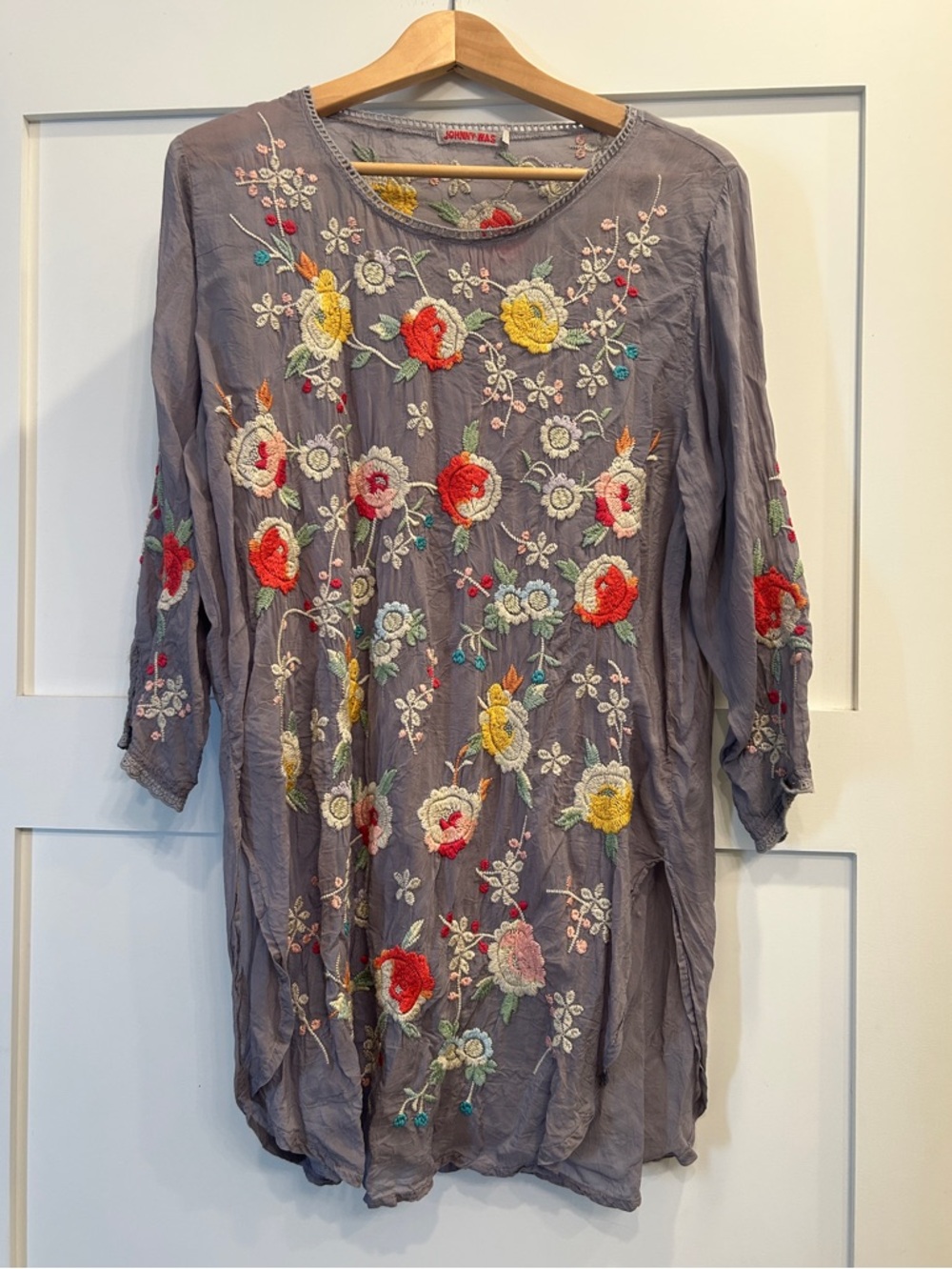 Johnny Was Boho Embroidered Floral Tunic - Gray with Multicolor Flowers